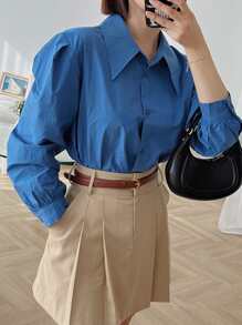 DAZY Camisa unicolor con botón delantero de manga farol - Azul - Ver 6