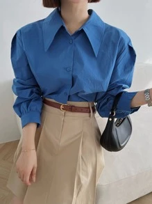 DAZY Camisa unicolor con botón delantero de manga farol - Azul - Ver 9