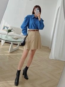 DAZY Camisa unicolor con botón delantero de manga farol - Azul - Ver 10