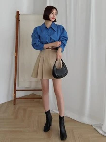 DAZY Camisa unicolor con botón delantero de manga farol - Azul - Ver 11