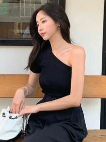 DAZY Top De Punto Acanalado De Un Hombro - Negro - Ver 1