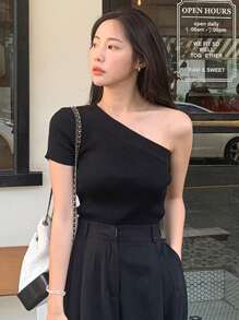 DAZY Top De Punto Acanalado De Un Hombro - Negro - Ver 4