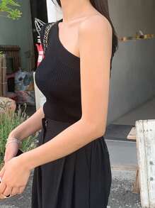 DAZY Top De Punto Acanalado De Un Hombro - Negro - Ver 3