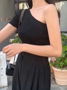 DAZY Top De Punto Acanalado De Un Hombro - Negro - Ver 6