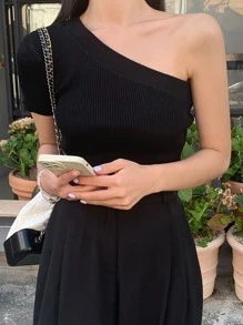 DAZY Top De Punto Acanalado De Un Hombro - Negro - Ver 8