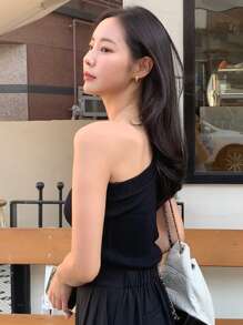 DAZY Top De Punto Acanalado De Un Hombro - Negro - Ver 10