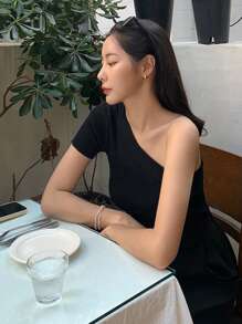 DAZY Top De Punto Acanalado De Un Hombro - Negro - Ver 11