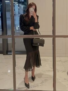 DAZY Solid Surplice Neckline Mermaid Hem Dress Sundress,Fall Clothes Maxi Dress - Black - View 1