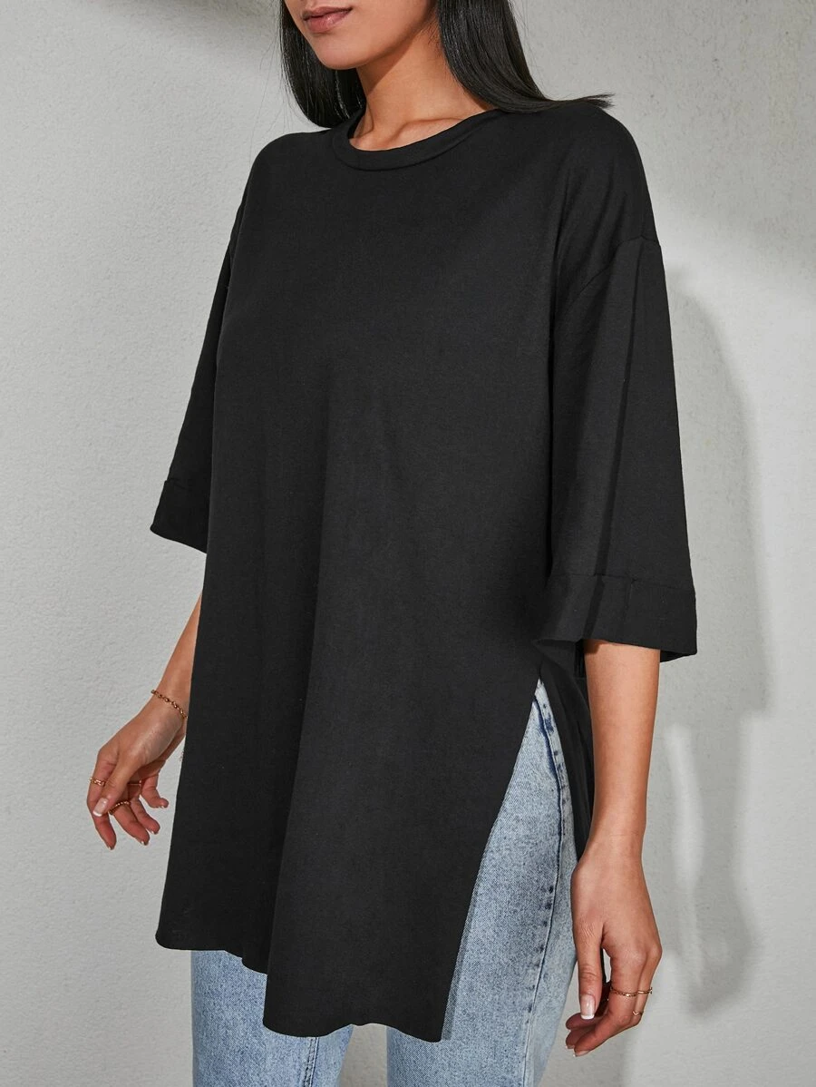 EURMUSE 100%Cotton Drop Shoulder Split Hem Tee - Black - View 1