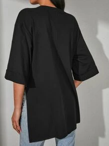 EURMUSE 100%Cotton Drop Shoulder Split Hem Tee - Black - View 2