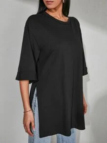 EURMUSE 100%Cotton Drop Shoulder Split Hem Tee - Black - View 4