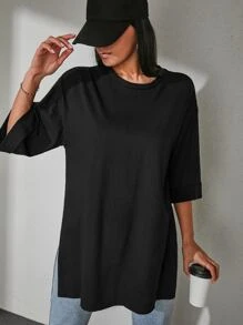 EURMUSE 100%Cotton Drop Shoulder Split Hem Tee - Black - View 5