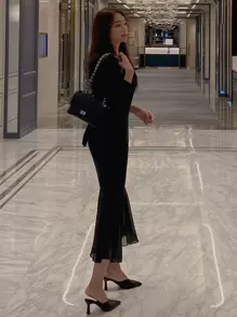 DAZY Solid Surplice Neckline Mermaid Hem Dress Sundress,Fall Clothes Maxi Dress - Black - View 3