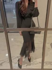 DAZY Solid Surplice Neckline Mermaid Hem Dress Sundress,Fall Clothes Maxi Dress - Black - View 5