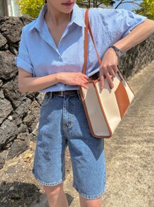 DAZY In sọc Nút phía trước Thả vai Áo sơ mi - Xanh và trắng - Xem 3