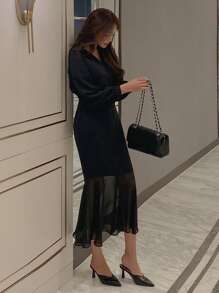 DAZY Solid Surplice Neckline Mermaid Hem Dress Sundress,Fall Clothes Maxi Dress - Black - View 8