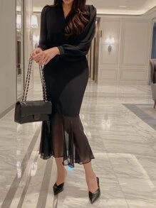 DAZY Solid Surplice Neckline Mermaid Hem Dress Sundress,Fall Clothes Maxi Dress - Black - View 9