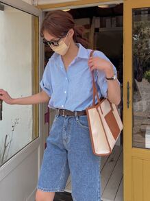 DAZY In sọc Nút phía trước Thả vai Áo sơ mi - Xanh và trắng - Xem 4