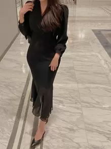 DAZY Solid Surplice Neckline Mermaid Hem Dress Sundress,Fall Clothes Maxi Dress - Black - View 10