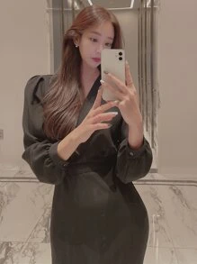 DAZY Solid Surplice Neckline Mermaid Hem Dress Sundress,Fall Clothes Maxi Dress - Black - View 11