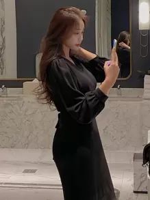 DAZY Solid Surplice Neckline Mermaid Hem Dress Sundress,Fall Clothes Maxi Dress - Black - View 12