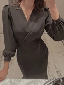 DAZY Solid Surplice Neckline Mermaid Hem Dress Sundress,Fall Clothes Maxi Dress - Black - View 13