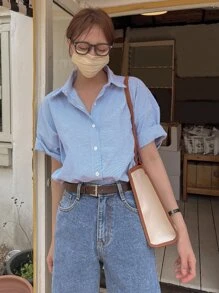 DAZY In sọc Nút phía trước Thả vai Áo sơ mi - Xanh và trắng - Xem 5