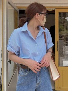 DAZY In sọc Nút phía trước Thả vai Áo sơ mi - Xanh và trắng - Xem 6