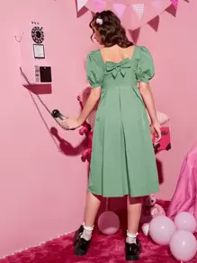 SHEIN Leap Crew Đầm Gái Nơ Bướm màu trơn Dễ thương - Màu xanh Bạc hà - Xem 1