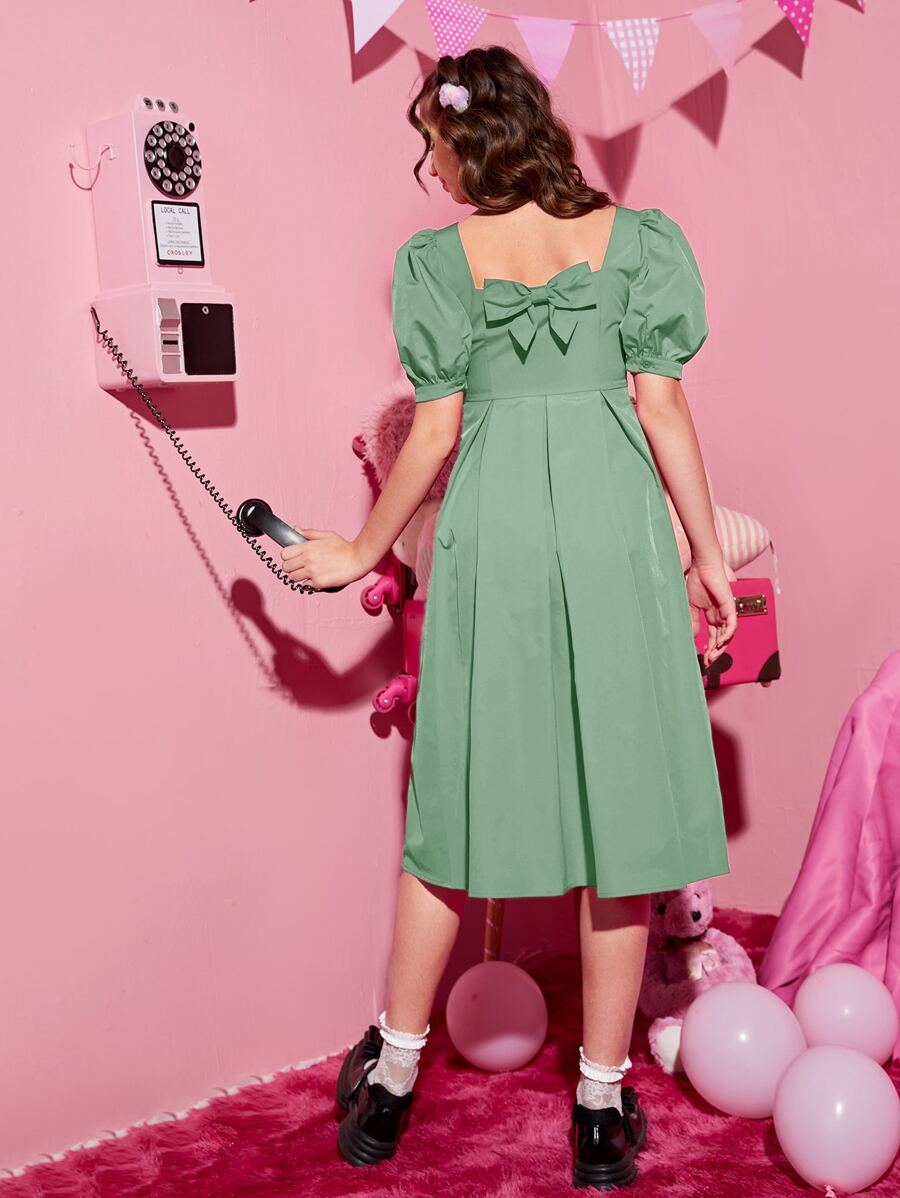 SHEIN Leap Crew Đầm Gái Nơ Bướm màu trơn Dễ thương - Màu xanh Bạc hà - Xem 1