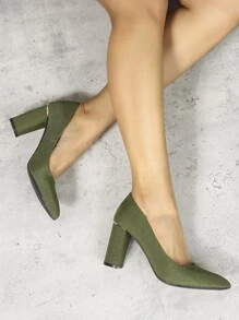 極簡風格尖頭粗跟淺口高跟鞋 - 綠色 - 查看 1