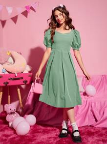 SHEIN Leap Crew Đầm Gái Nơ Bướm màu trơn Dễ thương - Màu xanh Bạc hà - Xem 2
