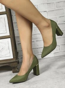 極簡風格尖頭粗跟淺口高跟鞋 - 綠色 - 查看 4