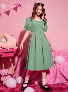 SHEIN Leap Crew Đầm Gái Nơ Bướm màu trơn Dễ thương - Màu xanh Bạc hà - Xem 3