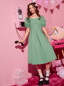SHEIN Leap Crew Đầm Gái Nơ Bướm màu trơn Dễ thương - Màu xanh Bạc hà - Xem 4