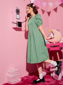 SHEIN Leap Crew Đầm Gái Nơ Bướm màu trơn Dễ thương - Màu xanh Bạc hà - Xem 5