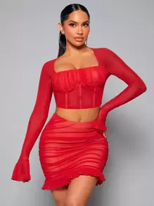 SHEIN SXY Ruched Bust Flounce Sleeve Crop Mesh Top & Ruffle Hem Bodycon Skirt - Red - View 1