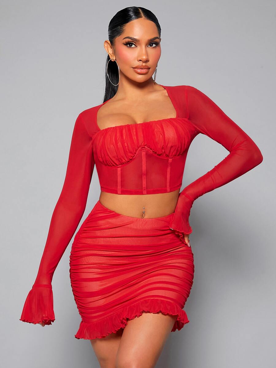 SHEIN SXY Ruched Bust Flounce Sleeve Crop Mesh Top & Ruffle Hem Bodycon Skirt - Red - View 1