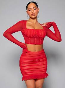 SHEIN SXY Ruched Bust Flounce Sleeve Crop Mesh Top & Ruffle Hem Bodycon Skirt - Red - View 4