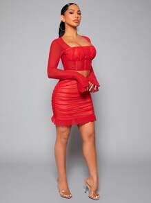 SHEIN SXY Ruched Bust Flounce Sleeve Crop Mesh Top & Ruffle Hem Bodycon Skirt - Red - View 5