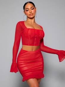 SHEIN SXY Ruched Bust Flounce Sleeve Crop Mesh Top & Ruffle Hem Bodycon Skirt - Red - View 6