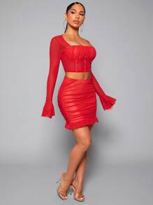 SHEIN SXY Ruched Bust Flounce Sleeve Crop Mesh Top & Ruffle Hem Bodycon Skirt - Red - View 7
