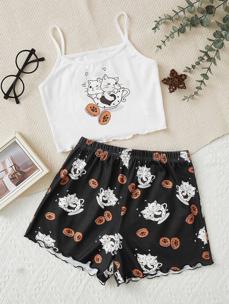 SHEIN 女孩卡通圖案睡吊帶上衣和睡衣短褲