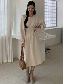 DAZY Solid Fold Pleated Detail A-Line Dress,Fall Clothes - Beige - View 1