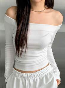 DAZY 露肩插肩袖短款 T 恤节日、秋季服装长袖女式上衣 - 白色 - 查看 1