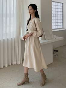 DAZY Solid Fold Pleated Detail A-Line Dress,Fall Clothes - Beige - View 3