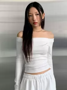 DAZY 露肩插肩袖短款 T 恤节日、秋季服装长袖女式上衣 - 白色 - 查看 3