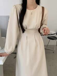 DAZY Solid Fold Pleated Detail A-Line Dress,Fall Clothes - Beige - View 4