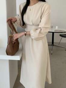 DAZY Solid Fold Pleated Detail A-Line Dress,Fall Clothes - Beige - View 5