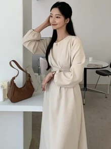 DAZY Solid Fold Pleated Detail A-Line Dress,Fall Clothes - Beige - View 6